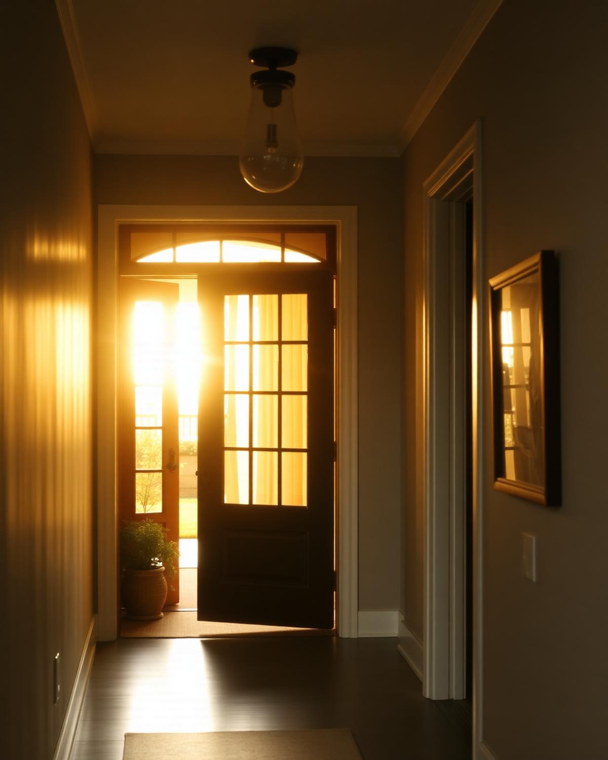 An open front door of a home with warm light coming through the entryway