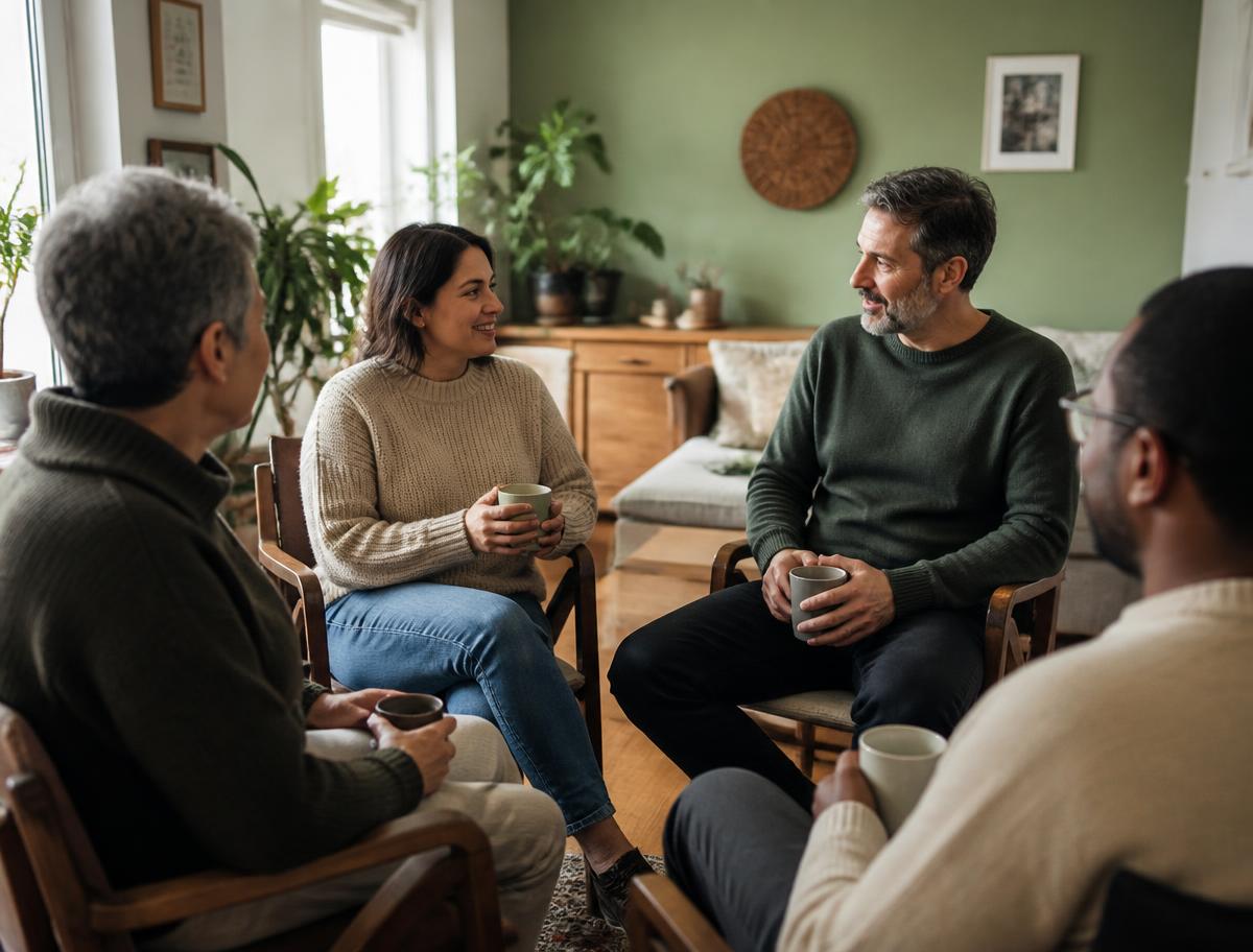 Four adults seated in a relaxed circle in a home living room, talking with mugs in hand