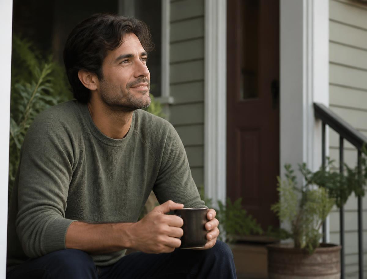 A man sitting on the front steps of a home with a mug of coffee in the morning light