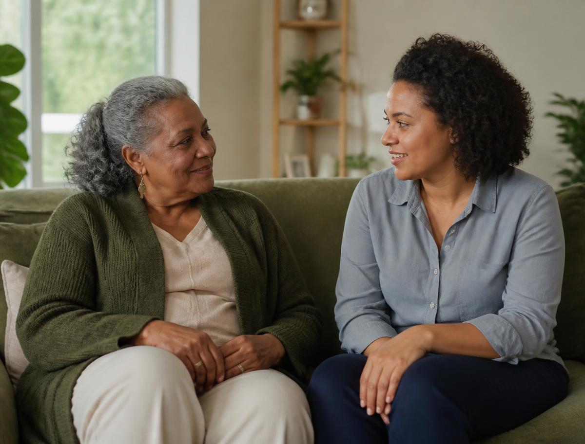Two adult family members sitting together on a couch in a warm living room, talking