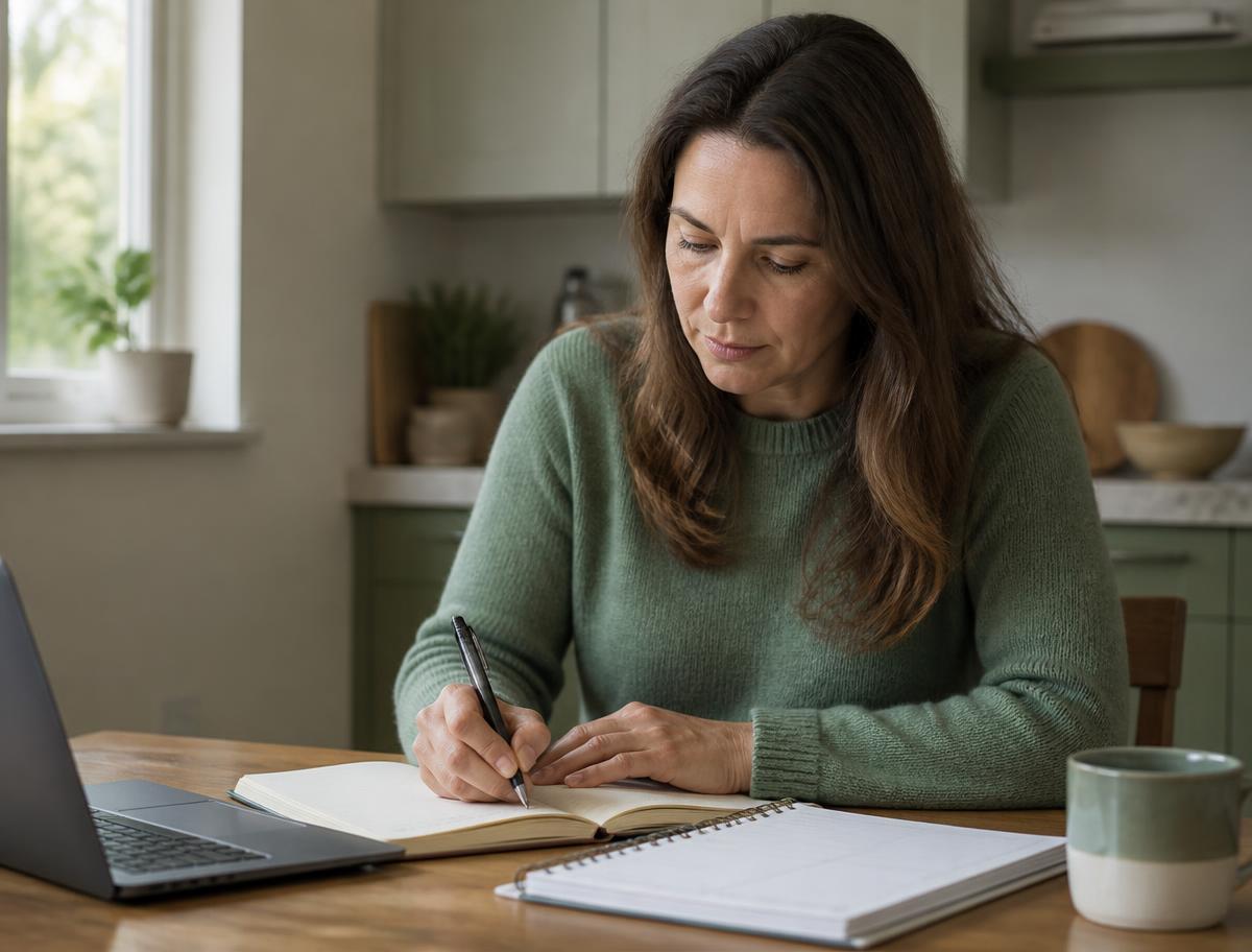 A woman writing in a notebook beside a laptop at a bright kitchen table